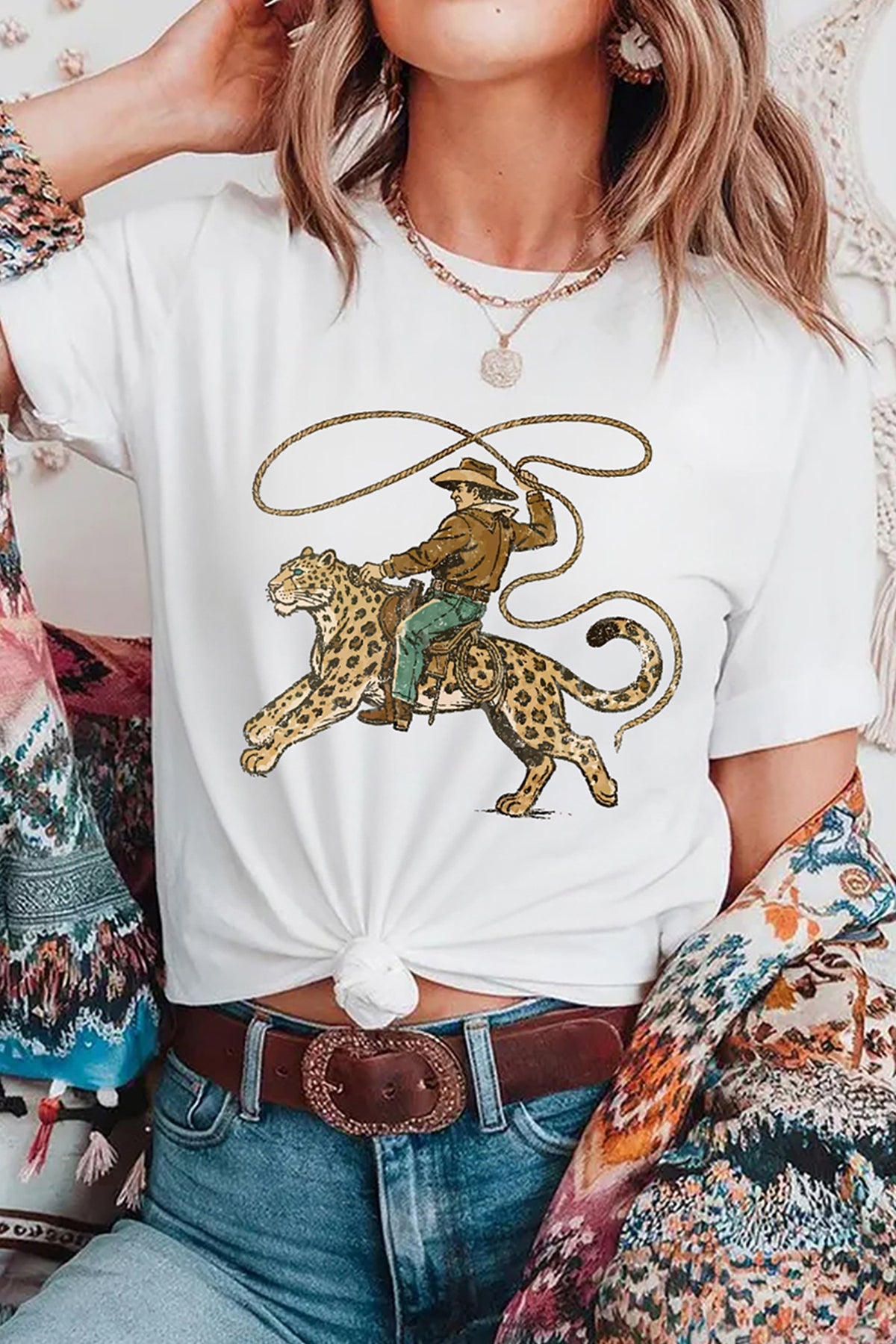 White Leopard Rodeo Cowboy Graphic Casual Tee