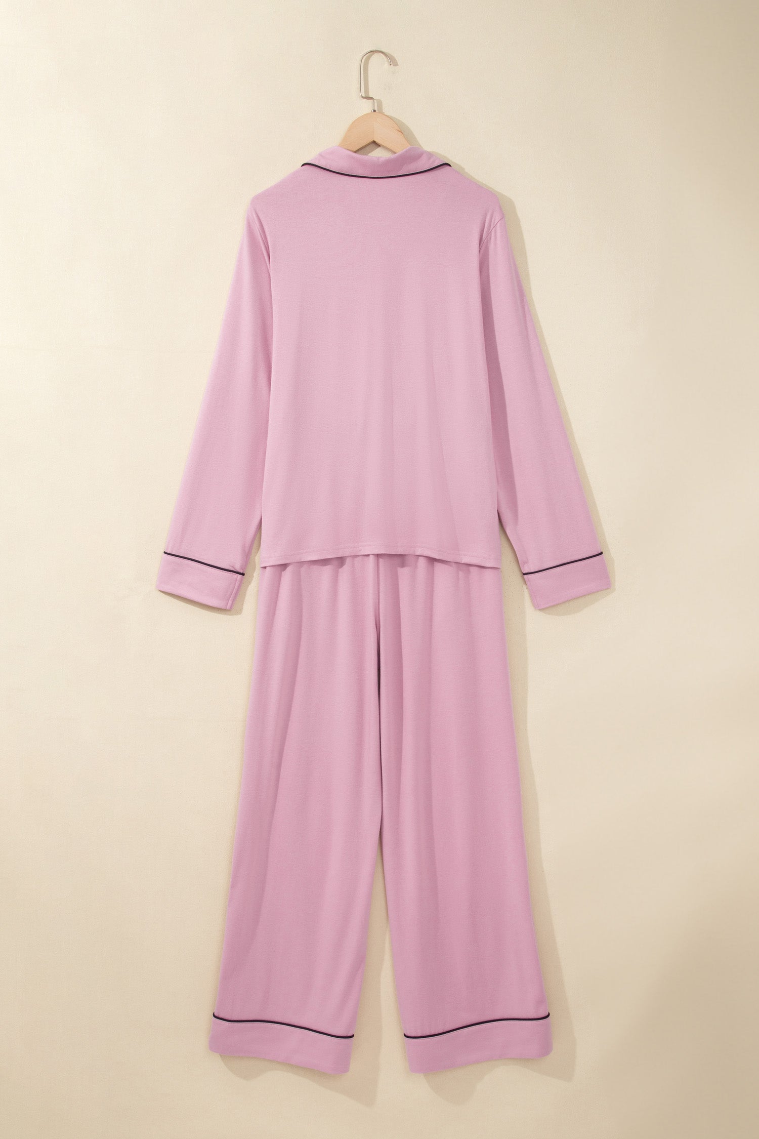 Delicacy Contrast Piping Trim Lapel Button Down Top 2pcs Lounge Pajama Set