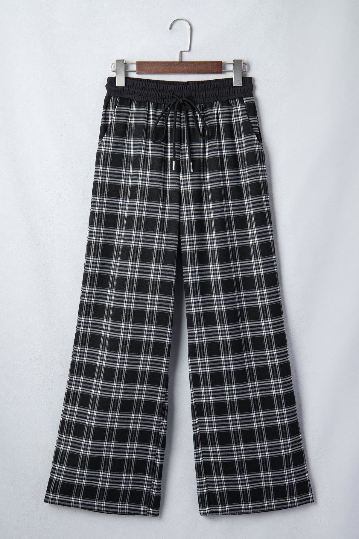 Black Frenchy Plaid Pattern Contrast Drawstring Waist Wide Leg Pants