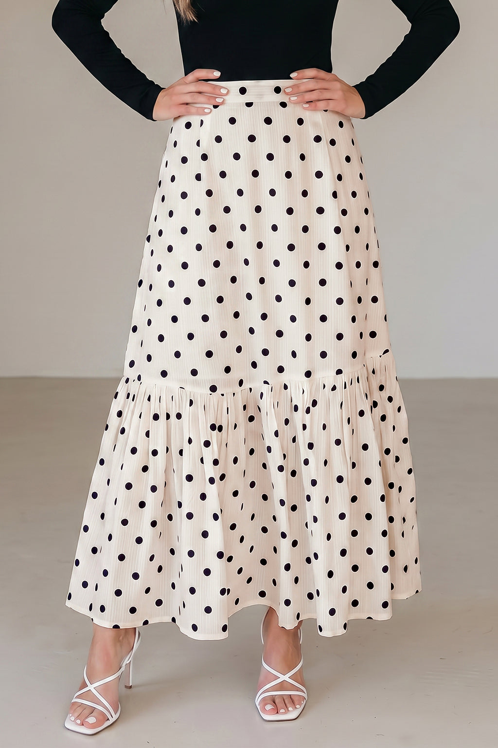 White Polka Dot Ruffled Slit Maxi Skirt