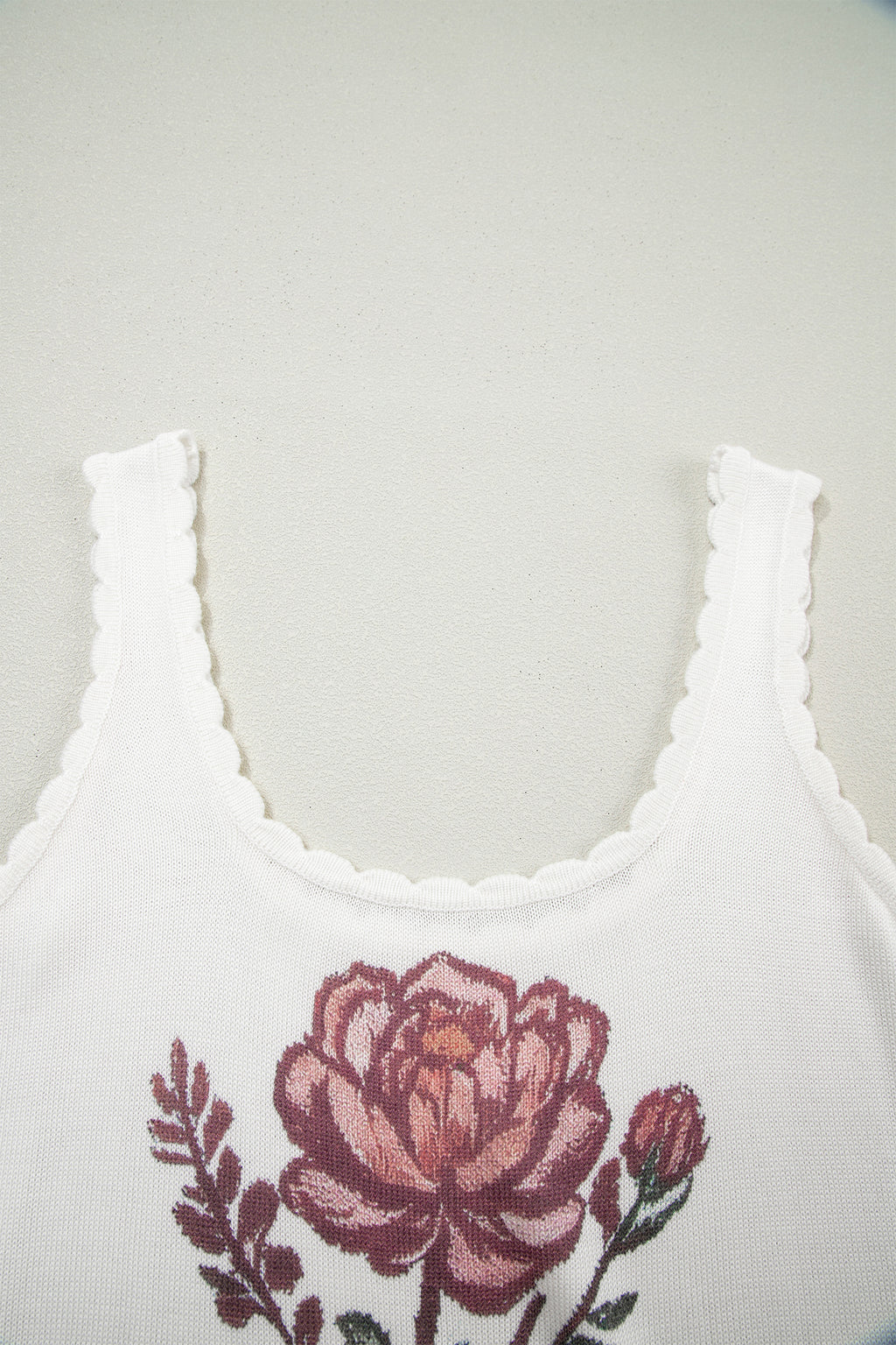 White Retro Floral Print Scalloped Square Neck Knit Sweater Vest