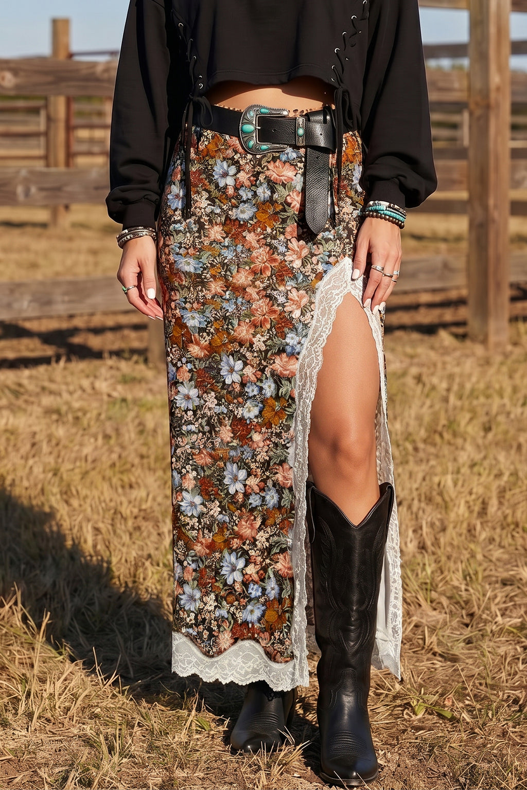 Khaki Cheetah Print Trim Split Long Western Skirt