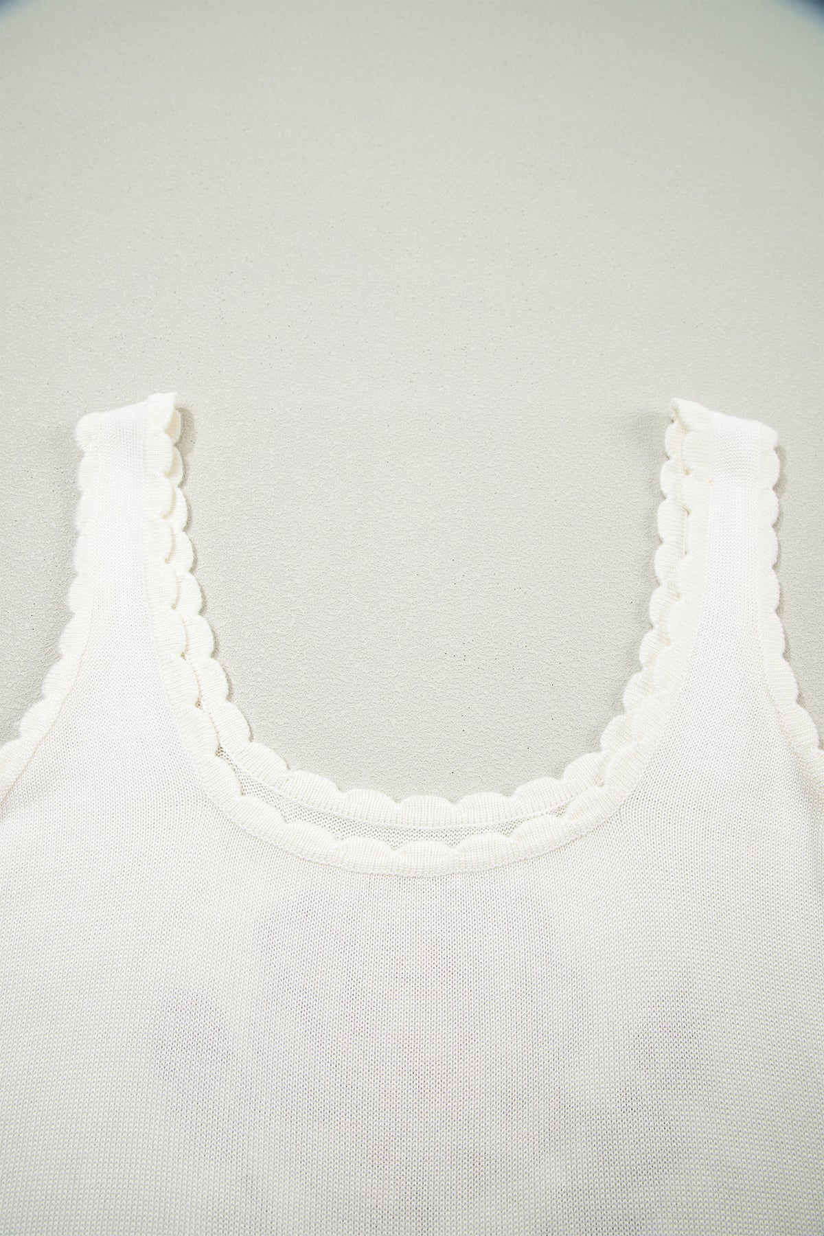 White Retro Floral Print Scalloped Square Neck Knit Sweater Vest
