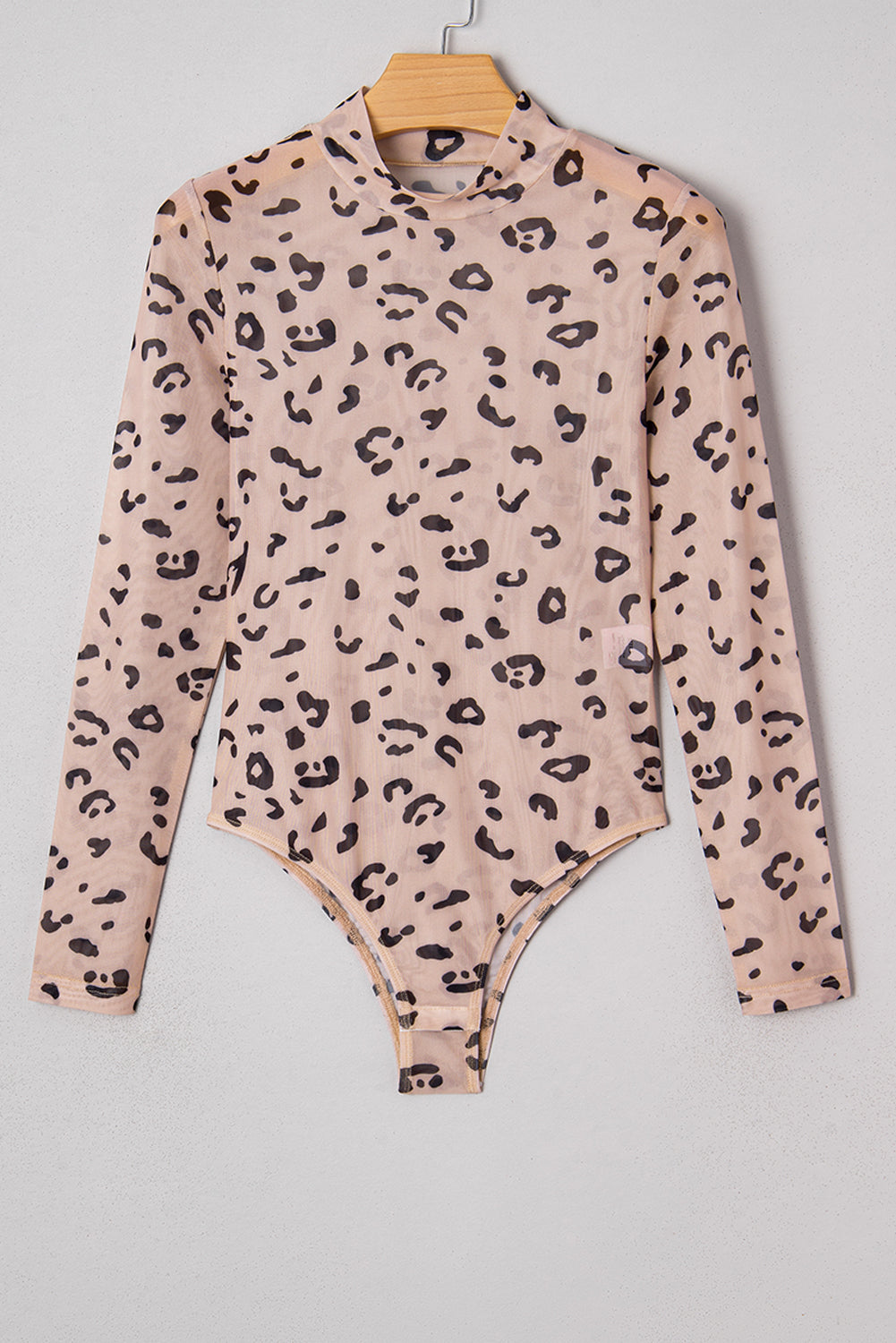 Khaki Mock Neck Sheer Mesh Leopard Long Sleeve Bodysuit