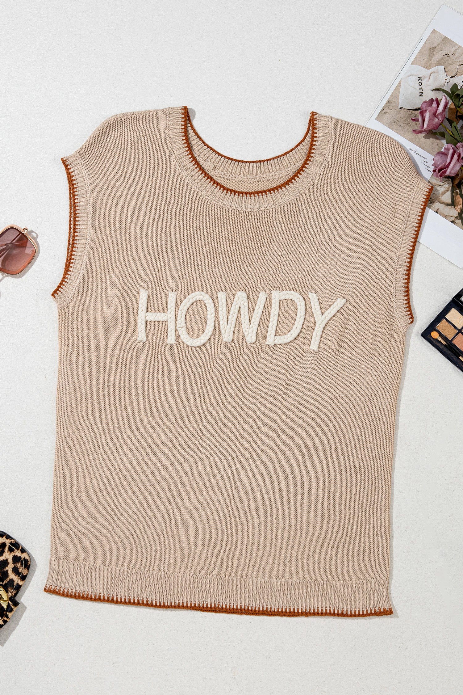 Parchment Contrast Trim Short Sleeve Knit HOWDY Western Sweater