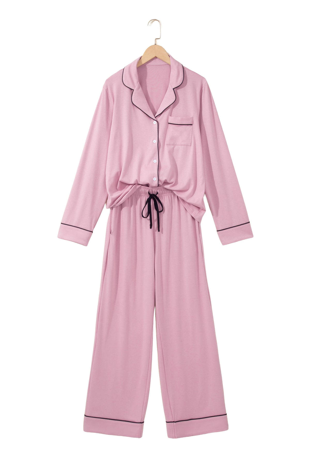 Delicacy Contrast Piping Trim Lapel Button Down Top 2pcs Lounge Pajama Set