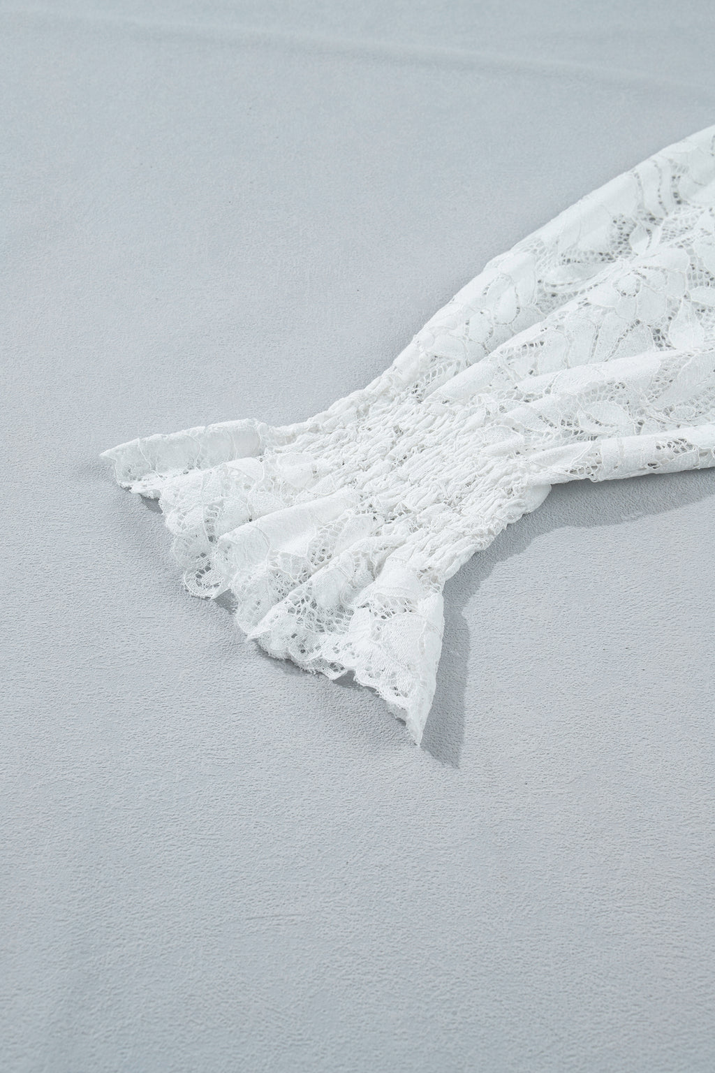 White Ruffled Round Neck Long Flounce Sleeve Sheer Lace Blouse